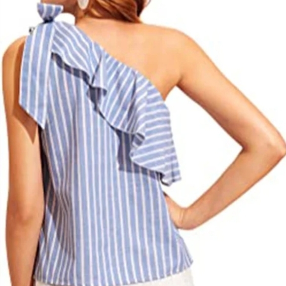Elegant One-Shoulder Striped Blouse - Picture 2 of 6